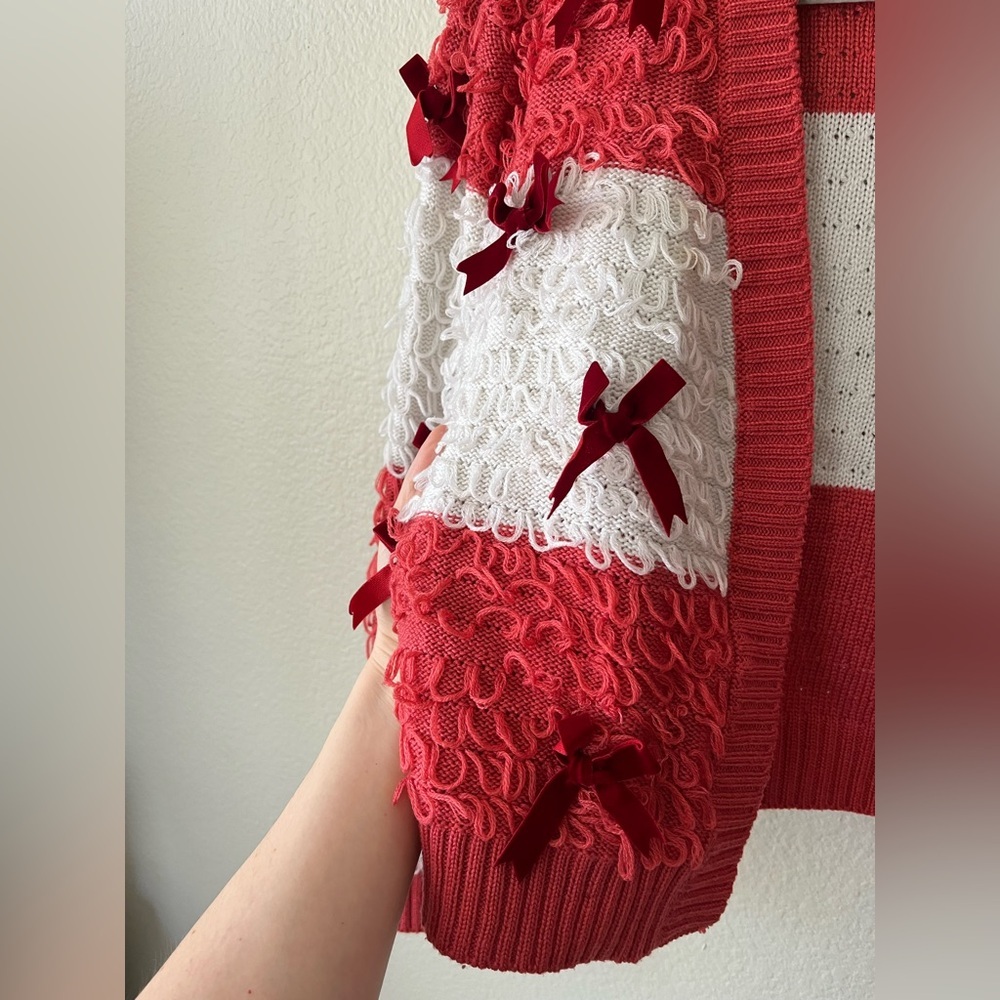 Mighty Fine Striped Red & White Bow Cardigan Sweater Women’s Size L - Picture 6 of 15